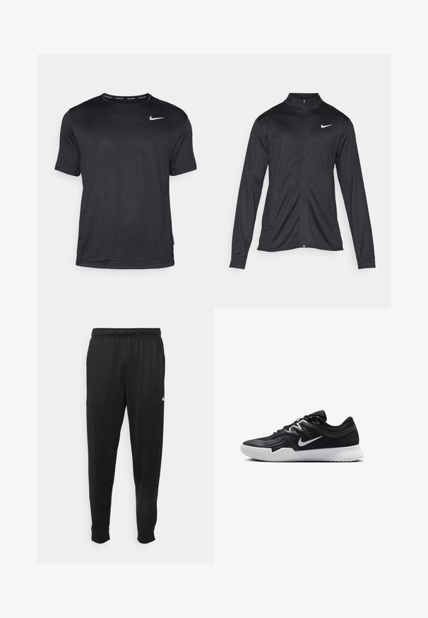 Jacket desportivo preto com mangas longas, colarinho e fecho zip completo. Apresenta um discreto logotipo da Nike em branco na parte superior do lado esquerdo do peito. Textura suave.; T-shirt de corrida Nike de manga curta preta, feita de um tecido leve com um padrão texturizado e um logótipo refletor no peito.; Calças de desporto pretas feitas de tecido suave, com uma cintura elástica, pernas ajustadas e um pequeno logo branco no lado esquerdo.; Sapatilha atlética preta com um cabedal texturizado, swoosh branco da Nike e uma sola de borracha branca. Apresenta um design com atacadores e uma forma dinâmica.