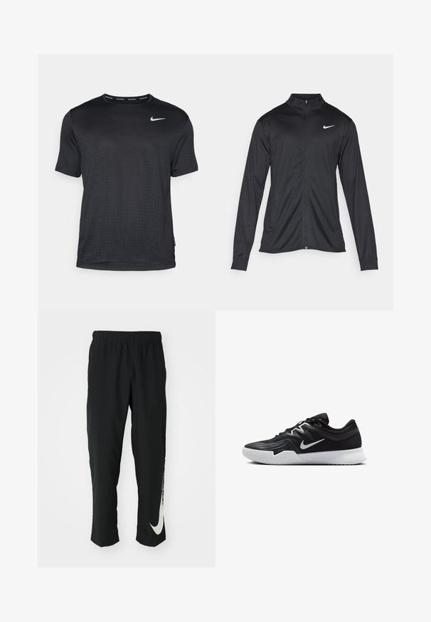 Jacket desportivo preto com mangas longas, colarinho e fecho zip completo. Apresenta um discreto logotipo da Nike em branco na parte superior do lado esquerdo do peito. Textura suave.; T-shirt de corrida Nike de manga curta preta, feita de um tecido leve com um padrão texturizado e um logótipo refletor no peito.; Calças atléticas pretas com cintura elástica, design afunilado, apresentando um grande logótipo branco da Nike na perna esquerda. Tecido macio e leve.; Sapatilha atlética preta com um cabedal texturizado, swoosh branco da Nike e uma sola de borracha branca. Apresenta um design com atacadores e uma forma dinâmica.