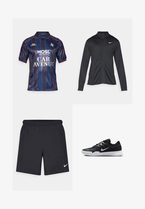 Crna sportska jakna s dugim rukavima, ovratnikom i punim patentnim zatvaračem. Ima suptilan Nike logo u bijeloj boji na gornjem lijevom dijelu prsne oznake. Glatka tekstura.; Polo majica u tamnoplavoj boji s okomitim crvenim prugama, kratkim rukavima, kragnom i srebrnim logotipima. Ima ispisani sponzorski tekst u bijeloj boji.; Crne atletske kratke hlače od laganog materijala s elastičnom tačkom. Imaju mali bijeli Nike logo na donjoj lijevoj strani.; Crna sportska cipela s teksturiranim gornjim dijelom, bijelim Nike swooshom i bijelim gumennim potplatom. Ima dizajn s vezanjem i dinamičan oblik.