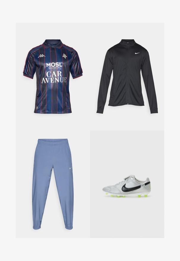 Giacca sportiva nera con maniche lunghe, colletto e zip completa. Presenta un logo Nike in bianco sulla parte superiore del lato sinistro del petto. Tessuto morbido.; Polo shirt blu navy con strisce verticali rosse, maniche corte, colletto e loghi argento. Presenta testo stampato dello sponsor in bianco.; Pantaloni sportivi azzurri chiaro con vita elastica, polsini a cono e un piccolo logo Nike grigio sul lato sinistro. Texture liscia.; Scarpa da calcio argentata con logo Nike nero, dettagli in mesh e tacchetti verde fluo. Presenta un design con lacci e una parte superiore texturizzata per una migliore aderenza.