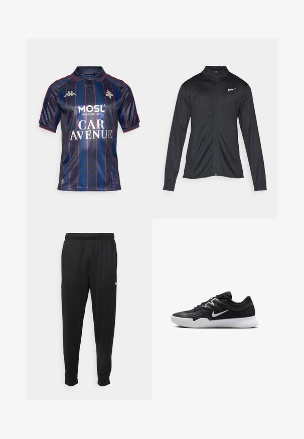 Fekete sportdzseki hosszú ujjal, gallérral és teljes cipzárral. Diszkrét fehér Nike logóval az upper bal mellen. Sima textúra.; Tengerészkék póló rövid ujjakkal, függőleges piros csíkokkal, gallérral és ezüst logókkal. Fehér színű, nyomtatott szponzori szöveggel rendelkezik.; Fekete sportos nadrág sima anyagból, rugalmas derékkal, szűkülő lábakkal és egy kis fehér logóval a bal oldalon.; Fekete sportcipő texturált felsőrésszel, fehér Nike logóval és fehér gumitalppal. Fűzős kialakítással és dinamikus formával rendelkezik.
