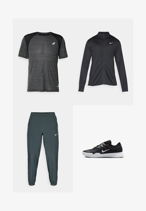 Czarna sportowa kurtka z długimi rękawami, kołnierzem i pełnym zamkiem. Posiada subtelne logo Nike w białym kolorze na lewej górnej części klatki piersiowej. Gładka tekstura.; Czarna sportowa koszulka z krótkim rękawem, o siateczkowej strukturze. Posiada okrągły dekolt z odblaskowym logo na piersi oraz akcenty na rękawach.; Spodnie dresowe Nike w ciemnozielonym kolorze, z elastycznym pasem, zwężoną nogawką i subtelnym, odblaskowym logo po boku.; Czarne buty sportowe z teksturowaną cholewką, białym logo Nike i białą gumową podeszwą. Charakteryzują się sznurowanym zapięciem i dynamicznym kształtem.