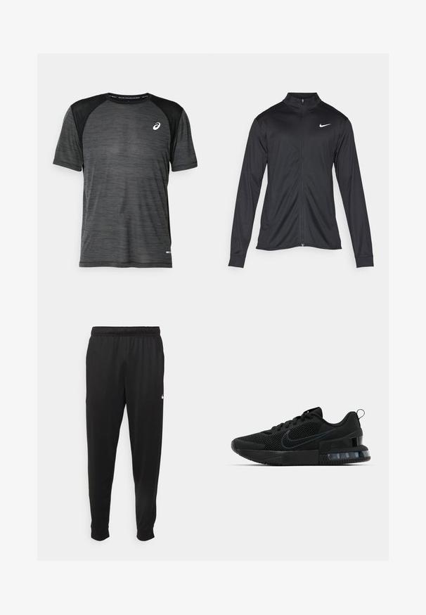 Czarna sportowa kurtka z długimi rękawami, kołnierzem i pełnym zamkiem. Posiada subtelne logo Nike w białym kolorze na lewej górnej części klatki piersiowej. Gładka tekstura.; Czarna sportowa koszulka z krótkim rękawem, o siateczkowej strukturze. Posiada okrągły dekolt z odblaskowym logo na piersi oraz akcenty na rękawach.; Czarne sportowe spodnie wykonane z gładkiego materiału, z elastycznym pasem, zwężanymi nogawkami i małym białym logo po lewej stronie.; Czarne sneakersy Nike z siateczkową cholewką, teksturowaną podeszwą i widoczną poduszką gazową w pięcie. Akcenty i logo w ciemniejszym odcieniu czerni.