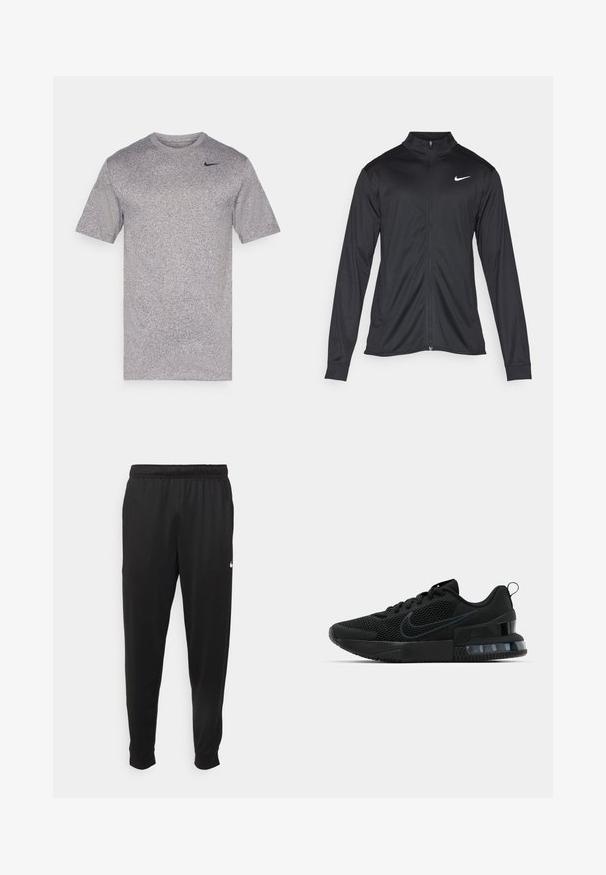 Jachetă sportivă neagră cu mâneci lungi, guler și fermoar complet. Prezintă un logo Nike subtil, alb, pe pieptul din stânga sus. Textură netedă.; Tricou sportiv gri cu mâneci scurte, decolteu rotund și o textură subtilă. Logo-ul Nike în negru în partea stângă sus a pieptului.; Pantaloni sportivi negri dintr-o țesătură netedă, cu un elastic la brâu, picioare conice și un mic logo alb pe partea stângă.; Adidași negri Nike cu partea superioară din plasă, talpă texturată și unitate de aer vizibilă în călcâi. Accente și logo într-o nuanță mai închisă de negru.