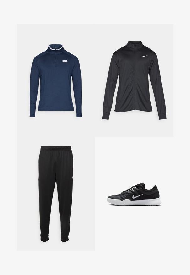 Jacket desportivo preto com mangas longas, colarinho e fecho zip completo. Apresenta um discreto logotipo da Nike em branco na parte superior do lado esquerdo do peito. Textura suave.; Polo de manga longa azul-marinho com colarinho de meio fecho, apresentando um destaque branco na gola e um pequeno rótulo no peito. Textura de tecido suave.; Calças de desporto pretas feitas de tecido suave, com uma cintura elástica, pernas ajustadas e um pequeno logo branco no lado esquerdo.; Sapatilha atlética preta com um cabedal texturizado, swoosh branco da Nike e uma sola de borracha branca. Apresenta um design com atacadores e uma forma dinâmica.