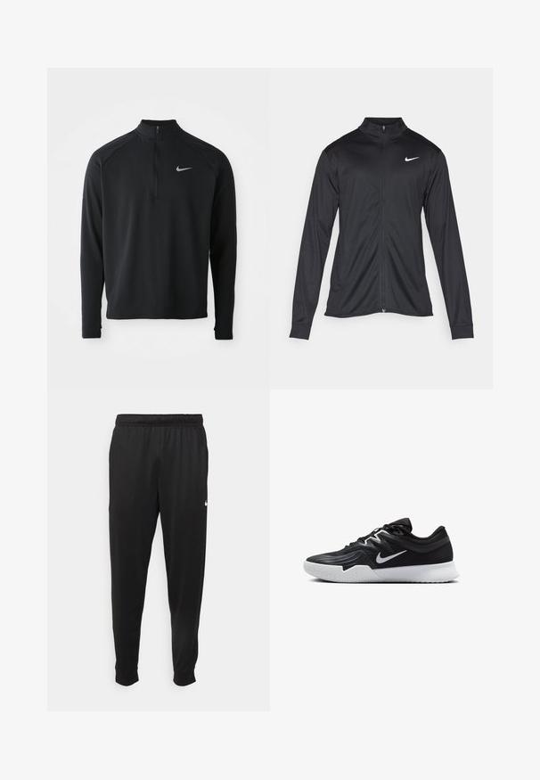 Musta urheilutakki pitkillä hihoilla, kauluksella ja kokonaisella vetoketjulla. Täydentää hienovarainen Nike-logo valkoisena vasemmassa ylärinnassa. Litteä pinta.; Mustat pitkät hihat, vetoketjullinen urheilu-paita, joka on valmistettu teksturoidusta kankaasta. Paidassa on korkea kaulus ja hopeinen Nike-logo vasemmassa rinnassa.; Mustat urheiluhousut, jotka on valmistettu sileästä kankaasta. Niissä on joustava vyötärö, kapenevat lahkeet ja pieni valkoinen logo vasemmalla puolella.; Musta urheilukenkä, jossa on teksturoitu päällinen, valkoinen Nike-tikkaus ja valkoinen kumipohja. Kenkässä on nauhakuji ja dynaaminen muoto.