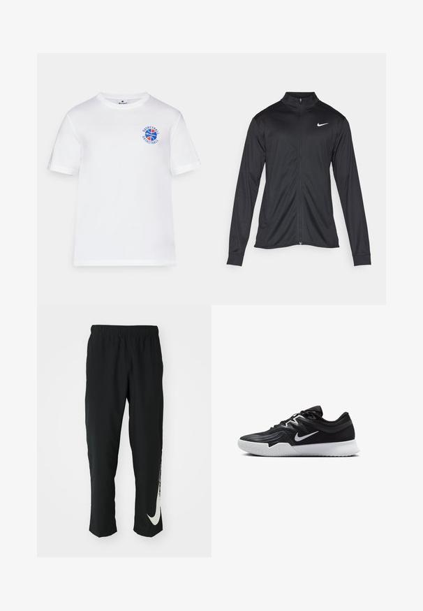 Jachetă sportivă neagră cu mâneci lungi, guler și fermoar complet. Prezintă un logo Nike subtil, alb, pe pieptul din stânga sus. Textură netedă.; Tricou alb din bumbac, cu mâneci scurte, având un grafic cu baschet albastru și roșu și text, cu gât rotund și tiv drept.; Pantaloni sport negri cu talie elastică, design conic, având un mare logo alb Nike pe piciorul stâng. Material moale, ușor.; Pantof sport negru cu un superior texturat, swoosh alb Nike și o tălpică din cauciuc alb. Dispune de un design cu șireturi și o formă dinamică.