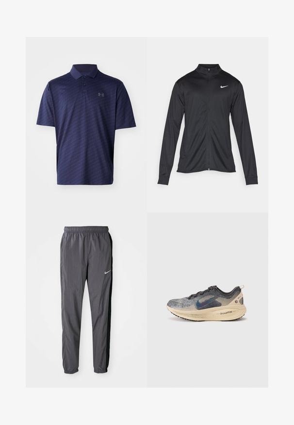 Jacket desportivo preto com mangas longas, colarinho e fecho zip completo. Apresenta um discreto logotipo da Nike em branco na parte superior do lado esquerdo do peito. Textura suave.; Polo azul marinho feito de tecido respirável, com um padrão geométrico texturizado e uma pala de três botões. Pequeno logótipo no peito.; Calças de treino Nike, feitas de tecido leve, na cor cinza escuro com painéis laterais pretos. Apresentam uma cintura elástica e um logótipo refletor.; Nike Performance VOMERO 18 - Sapatos para corrida em estrada - oatmeal/black anthracite/silver-coloured