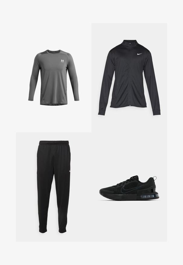 Giacca sportiva nera con maniche lunghe, colletto e zip completa. Presenta un logo Nike in bianco sulla parte superiore del lato sinistro del petto. Tessuto morbido.; Maglietta sportiva grigia a maniche lunghe con collo rotondo, caratterizzata da dettagli di cucitura e un piccolo logo bianco sul lato sinistro del petto.; Pantaloni sportivi neri realizzati in tessuto liscio, con una vita elastica, gambe affusolate e un piccolo logo bianco sul lato sinistro.; Scarpa atletica nera Nike con tomaia in mesh, suola in gomma, colletto imbottito e un distintivo accento trasparente sul tallone.