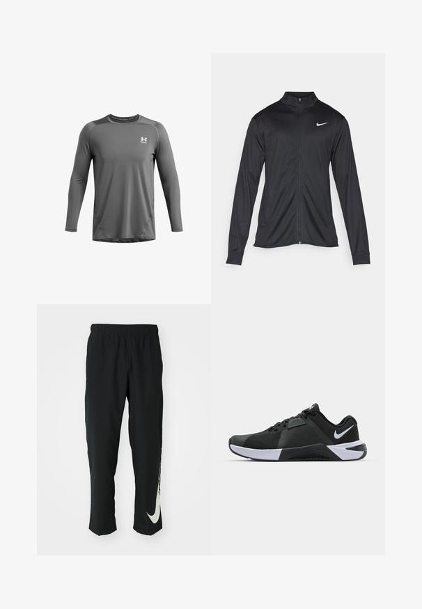 Schwarze Sportjacke mit langen Ärmeln, Kragen und voller Reißverschluss. Verfügt über ein dezentes Nike-Logo in Weiß auf der oberen linken Brust. Glatte Textur.; Graues, langärmeliges Sportshirt mit Rundhalsausschnitt, ausgestattet mit Nahtdetails und einem kleinen weißen Logo auf der oberen linken Brust.; Schwarze Sporthose mit elastischem Bund und taillierter Passform, auf der linken Beinschulter befindet sich ein großes weißes Nike-Logo. Weicher, leichter Stoff.; Nike Performance METCON 10 - Trainingsschuh - black/white/anthracite
