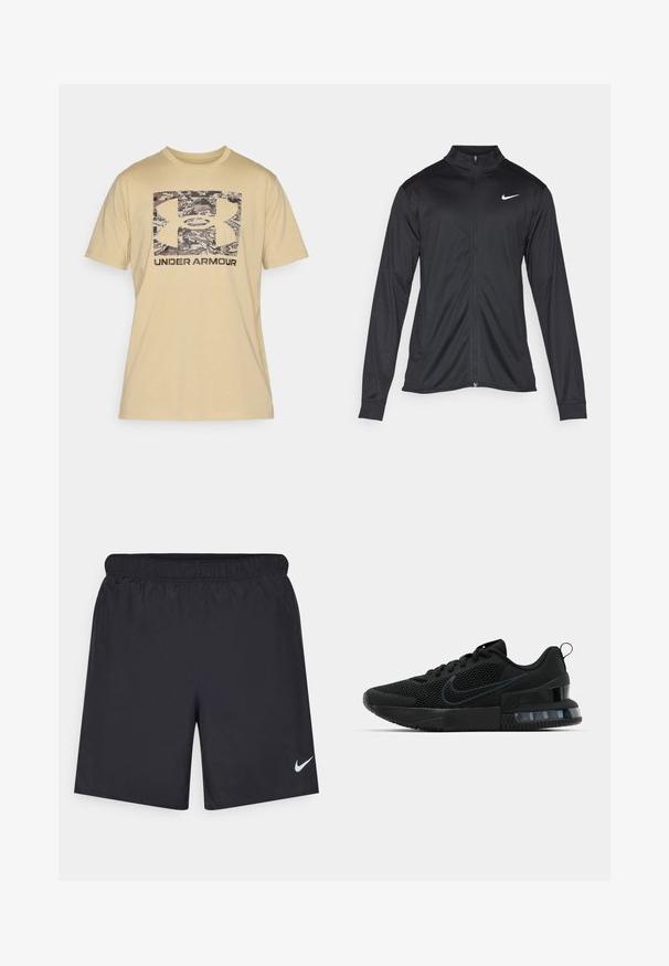 Black athletic jacket with long sleeves, collar, and full zipper. Features a subtle Nike logo in white on the upper left chest. Smooth texture.; Beige cotton t-shirt with a short sleeve. Features a camouflage-patterned Under Armour logo and dark lettering below the logo.; Black athletic shorts made of lightweight material with an elastic waistband. Features a small white Nike logo on the lower left side.; Black Nike athletic shoe featuring a mesh upper, rubber sole, padded collar, and a distinct transparent heel accent.