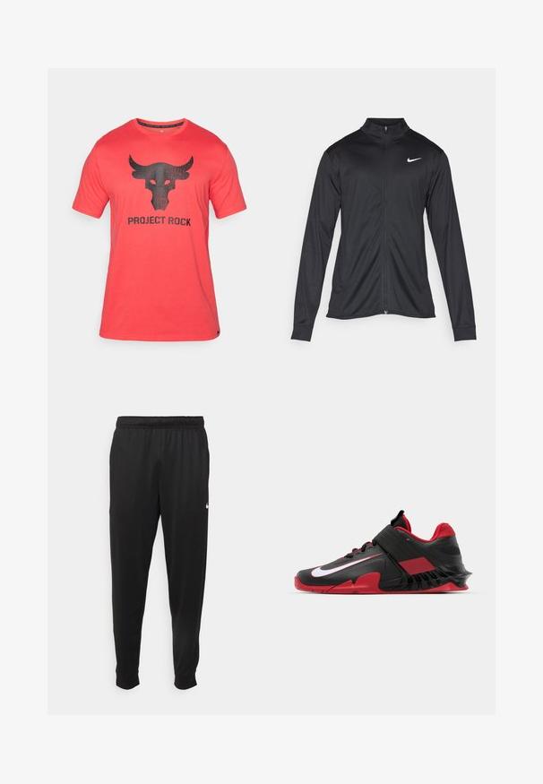 Sort atletisk jakke med lange ærmer, krave og fuld lynlås. Har et diskret Nike-logo i hvidt på den øverste venstre side af brystet. Glat tekstur.; Rød t-shirt med korte ærmer, der har et slidt sort oksekranie grafik og teksten "PROJECT ROCK" nedenunder. Lavet af et blødt stof.; Sorte atletiske bukser lavet af glat stof, med elastisk talje, smalnende ben og et lille hvidt logo på venstre side.; Sorte og røde atletiske sneakers med et slankt design, struktureret mesh-overdel, robust gummisål og fremtrædende hvid logoaccent.