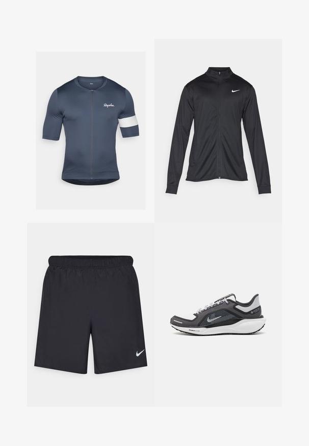 Must värvi sportlik jakk pikkade varrukatega, krae ja täispikk tõmblukk. Ülemises vasakus rinnas on diskreetne valge Nike logo. Sile tekstuur.; Lühikeste varrukatega jalgrattajersey tumesinises värvitoonis, valmistatud venivast kangast. Omab esist tõmblukka ja valget aktsenti vasakul varrukal.; Mustad mustikud lühikesed püksid, mis on valmistatud kergest materjalist ja millel on elastne vöökoht. Alumisel vasakul küljel on väike valge Nike logo.; Mustern ja hallide värvusega spordijalats, millel on võrgusilmast ülemine osa, peegeldavad aktsendid ja valge vaheosa. Omab tekstuuriga kummist välisosa ja kingapaelu.