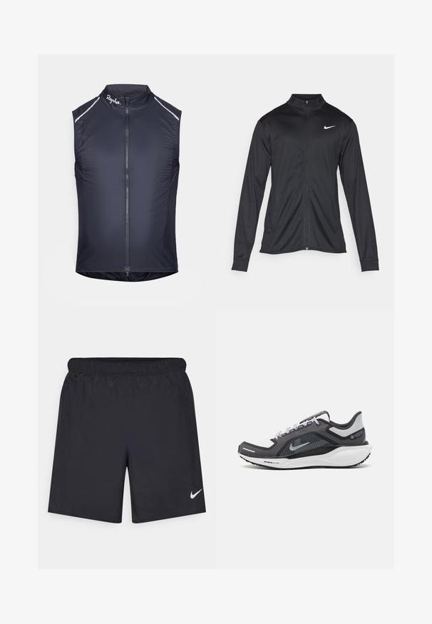 Čierna športová bunda s dlhými rukávmi, golierom a plným zipsom. Obsahuje nenápadné logo Nike v bielej farbe na hornej ľavej hrudi. Hladká textúra.; Bezrukávová cyklistická vesta v námorníckej modrej farbe, s vysokým golierom, plným zipsom, reflexnými detailmi a ľahkým, hladkým textilom.; Čierne atletické šortky z ľahkého materiálu s elastickým pásom. Na dolnej ľavej strane majú malé biele logo Nike.; Čierna a sivá športová obuv s vrchnou časťou z priedušného materiálu, reflexné akcenty a biely medzipodrážka. Obsahuje štruktúrovanú gumovú podrážku a šnúrky.