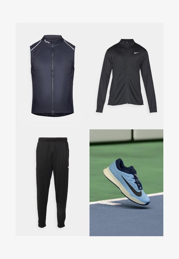 Chaqueta atlética negra con mangas largas, collar y cremallera completa. Presenta un sutil logo de Nike en blanco en la parte superior izquierda del pecho. Textura suave.; Chaleco de ciclismo sin mangas en azul marino, con un cuello alto, cremallera completa, detalles reflectantes y una textura de tela ligera y suave.; Pantalones deportivos negros de tejido suave, con cintura elástica, perneras ajustadas y un pequeño logotipo blanco en el lado izquierdo.; Zapatilla deportiva azul claro con acentos en azul marino, parte superior de malla texturada y logo Swoosh negro. Cuenta con una entresuela acolchada y suela de goma.