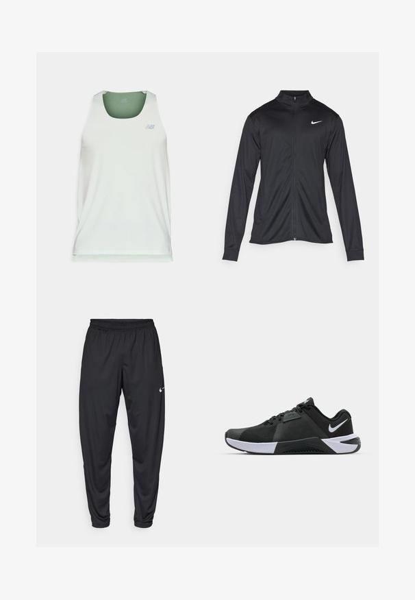 Černá sportovní bunda s dlouhými rukávy, límcem a plným zipem. Má decentní bílou logo značky Nike na horní levé části hrudi. Hladká textura.; Světl zelený bezrukávový sportovní top vyrobený z hladkého materiálu. Má kulatý výstřih a na přední straně má decentní logo.; Černé sportovní kalhoty s elastickým pasem, zúženými nohavicemi a malým bílým logem Nike na levém stehně. Hladká látka, bez vzorů.; Nike Performance METCON 10 - Sportovní boty - black/white/anthracite