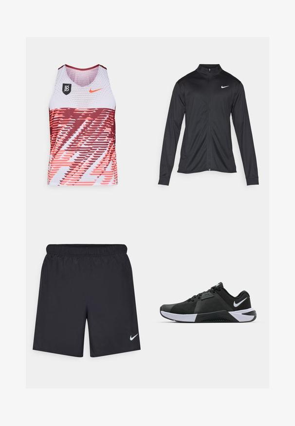 Czarna sportowa kurtka z długimi rękawami, kołnierzem i pełnym zamkiem. Posiada subtelne logo Nike w białym kolorze na lewej górnej części klatki piersiowej. Gładka tekstura.; Biodrążek sportowy bez rękawów z siateczkowego materiału, w kolorze czerwonym i białym, z dynamicznymi geometrycznymi wzorami oraz logo Nike na klatce piersiowej.; Czarne spodenki sportowe wykonane z lekkiego materiału, z elastycznym pasem. Posiadają małe białe logo Nike na dolnej lewej stronie.; Nike Performance METCON 10 czarny