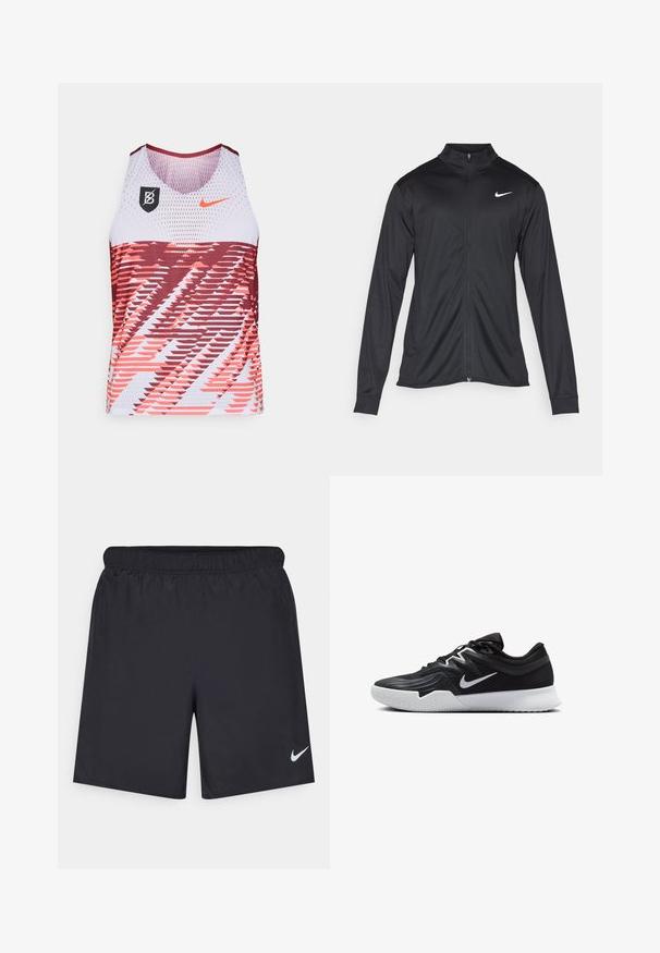 Giacca sportiva nera con maniche lunghe, colletto e zip completa. Presenta un logo Nike in bianco sulla parte superiore del lato sinistro del petto. Tessuto morbido.; Canotta atletica senza maniche con tessuto in rete, schema di colori rosso e bianco, motivi geometrici dinamici e logo Nike sul petto.; Shorts sportivi neri realizzati in materiale leggero con vita elastica. Presentano un piccolo logo Nike bianco sul lato sinistro in basso.; Scarpa sportiva nera con tomaia testurizzata, logo Nike swoosh bianco e suola in gomma bianca. Presenta un design con lacci e una forma dinamica.