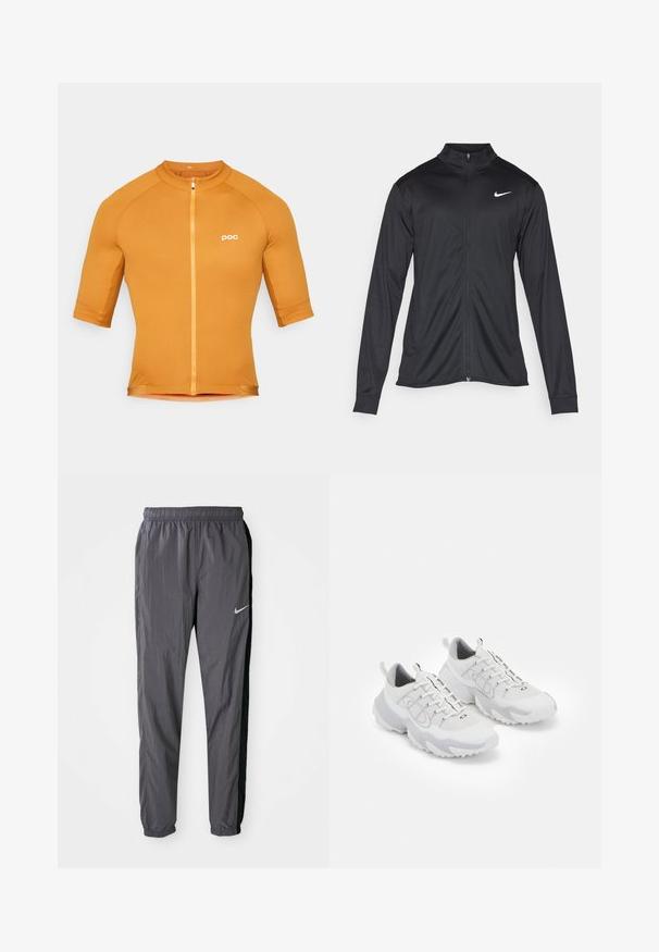 Zwarte sportjack met lange mouwen, kraag en volle rits. Voorzien van een subtiele Nike-logo in het wit op de bovenste linkerborst. Soepele textuur.; POC THERMAL LITE - Wielershirt - bauxite brown; Nike hardloopbroek, gemaakt van lichtgewicht stof, in donkergrijs met zwarte zijpanelen. Kenmerkt zich door een elastische tailleband en een reflecterend logo.; Witte sportieve schoenen met een bovenwerk van mesh, grijze accenten, een gestructureerde rubberen zool en trek lipjes op de hiel; heeft een vetersluiting.