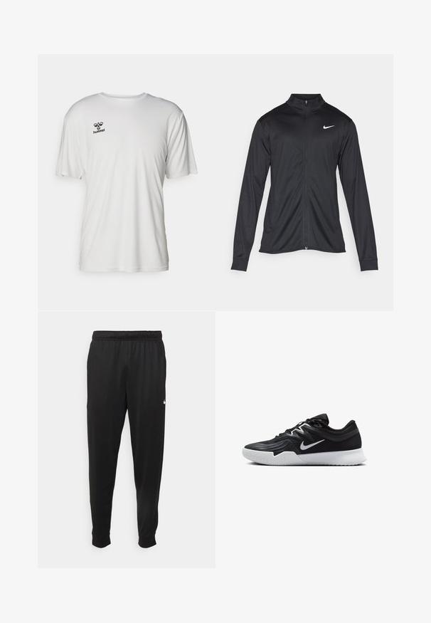 Must värvi sportlik jakk pikkade varrukatega, krae ja täispikk tõmblukk. Ülemises vasakus rinnas on diskreetne valge Nike logo. Sile tekstuur.; Valge lühikeste varrukatega T-särk, mis on valmistatud siledast kangast. Ülaküljel vasakul rinnal on must "hummel" logo. Standardne ümar kaelus.; Mustad mustekad athletic-püksid sujuvast kangast, elastse vöökoha, kitsenevate jalgade ja väikese valge logoga vasakul küljel.; Must mustad jalanikesad rikaste ülaservaga, valge Nike swoosh'i ja valge kummist välispõhjaga. Omab paeltega sulgemisdetaili ja dünaamilist kuju.