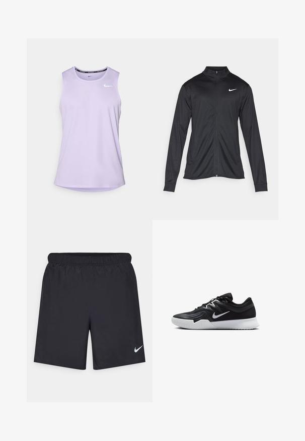 Sort atletisk jakke med lange ærmer, krave og fuld lynlås. Har et diskret Nike-logo i hvidt på den øverste venstre side af brystet. Glat tekstur.; Lilla ærmeløs atletisk tanktop lavet af letvægtsmateriale med en afrundet bund og et lille hvidt Nike-logo på brystet.; Sorte atletiske shorts lavet af letvægtsmateriale med en elastisk talje. Har et lille hvidt Nike-logo i nederste venstre hjørne.; Sort atletiksko med en tekstureret overdel, hvid Nike swoosh og en hvid gummisål. Har en snørret design og dynamisk form.