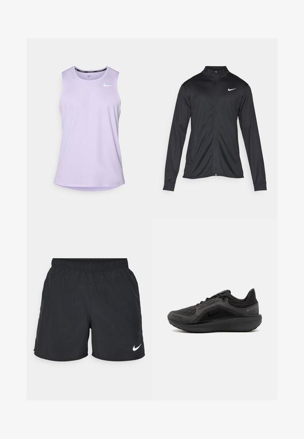 Giacca sportiva nera con maniche lunghe, colletto e zip completa. Presenta un logo Nike in bianco sulla parte superiore del lato sinistro del petto. Tessuto morbido.; Top di allenamento senza maniche di colore viola, realizzato in materiale leggero, con orlo arrotondato e un piccolo logo Nike bianco sul petto.; Pantaloni sportivi neri realizzati in tessuto leggero, con cintura elastica e logo Nike bianco sul lato sinistro in basso.; Scarpa sportiva nera con tomaia trapuntata testurizzata, design elegante e suola in gomma nera. Presenta un logo visibile e il marchio Gore-Tex.