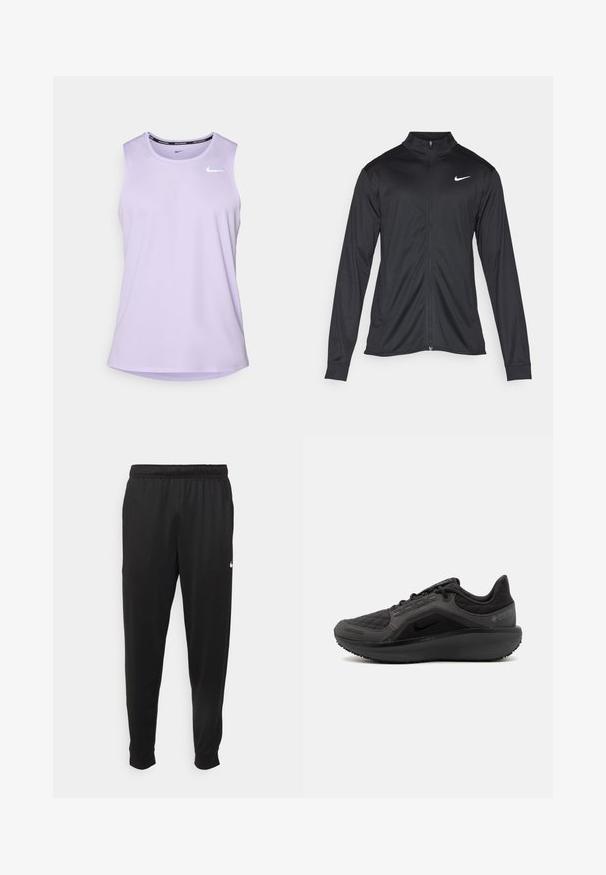 Crna sportska jakna s dugim rukavima, ovratnikom i punim patentnim zatvaračem. Ima suptilan Nike logo u bijeloj boji na gornjem lijevom dijelu prsne oznake. Glatka tekstura.; Ljubicasti bezrukavnik sportska majica izrađena od laganog materijala s zaobljenim rubom i malim bijelim Nike logom na prsima.; Crne atletske hlače od glatkog materijala, s elastičnom pasicom, sužavajućim nogavicama i malim bijelim logom na lijevoj strani.; Crna sportska cipela s texturiranim kviltanim gornjim dijelom, elegantnog dizajna i crnom gumenom potplatu. Sadrži vidljivi logo i Gore-Tex brendiranje.
