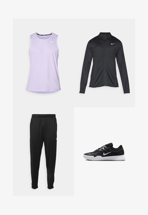 Jachetă sportivă neagră cu mâneci lungi, guler și fermoar complet. Prezintă un logo Nike subtil, alb, pe pieptul din stânga sus. Textură netedă.; Maiou de sport fără mâneci, de culoare violet, realizat dintr-un material ușor, cu un tiv rotunjit și un mic logo alb Nike pe piept.; Pantaloni sportivi negri dintr-o țesătură netedă, cu un elastic la brâu, picioare conice și un mic logo alb pe partea stângă.; Pantof sport negru cu un superior texturat, swoosh alb Nike și o tălpică din cauciuc alb. Dispune de un design cu șireturi și o formă dinamică.