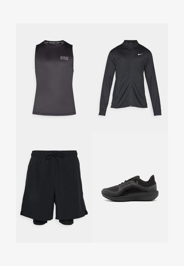 Schwarze Sportjacke mit langen Ärmeln, Kragen und voller Reißverschluss. Verfügt über ein dezentes Nike-Logo in Weiß auf der oberen linken Brust. Glatte Textur.; Schwarzes ärmelloses Top aus glattem, elastischem Stoff. Verfügt über einen runden Halsausschnitt und ein bedrucktes Logo auf der Vorderseite. Minimalistisches Design.; Schwarze Sportshorts aus leichtem Material, mit elastischem Bund und Kordelzug sowie einer enganliegenden Innenshorts.; Schwarzer Sportschuh mit strukturiertem, gestepptem Obermaterial, schlankem Design und schwarzem Gummisohle. Verfügt über ein sichtbares Logo und Gore-Tex-Branding.