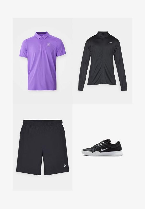 Jachetă sportivă neagră cu mâneci lungi, guler și fermoar complet. Prezintă un logo Nike subtil, alb, pe pieptul din stânga sus. Textură netedă.; Polo de culoare mov, cu mânecă scurtă, guler și clapetă cu două butoane, având un logo alb Nike pentru tenis pe pieptul stâng.; Pantaloni scurți atletici negri, fabricați dintr-un material ușor, cu un talie elastică. Au un mic logo alb Nike în partea stângă jos.; Pantof sport negru cu un superior texturat, swoosh alb Nike și o tălpică din cauciuc alb. Dispune de un design cu șireturi și o formă dinamică.