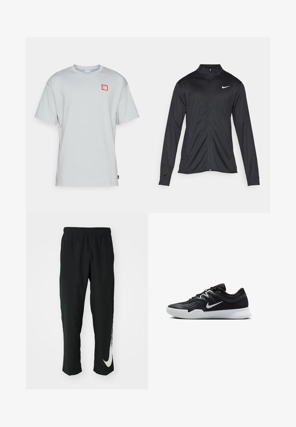 Must värvi sportlik jakk pikkade varrukatega, krae ja täispikk tõmblukk. Ülemises vasakus rinnas on diskreetne valge Nike logo. Sile tekstuur.; Nike Performance LIVERPOOL FC NIKE PRM JOCKTAG TEE - Klubiriided - light smoke grey; Mustad mustad sportlikud püksid elastse vöökohtadega, kitseneva disainiga, millel on vasakul jalal suur valge Nike logo. Pehme, kerge kangas.; Must mustad jalanikesad rikaste ülaservaga, valge Nike swoosh'i ja valge kummist välispõhjaga. Omab paeltega sulgemisdetaili ja dünaamilist kuju.