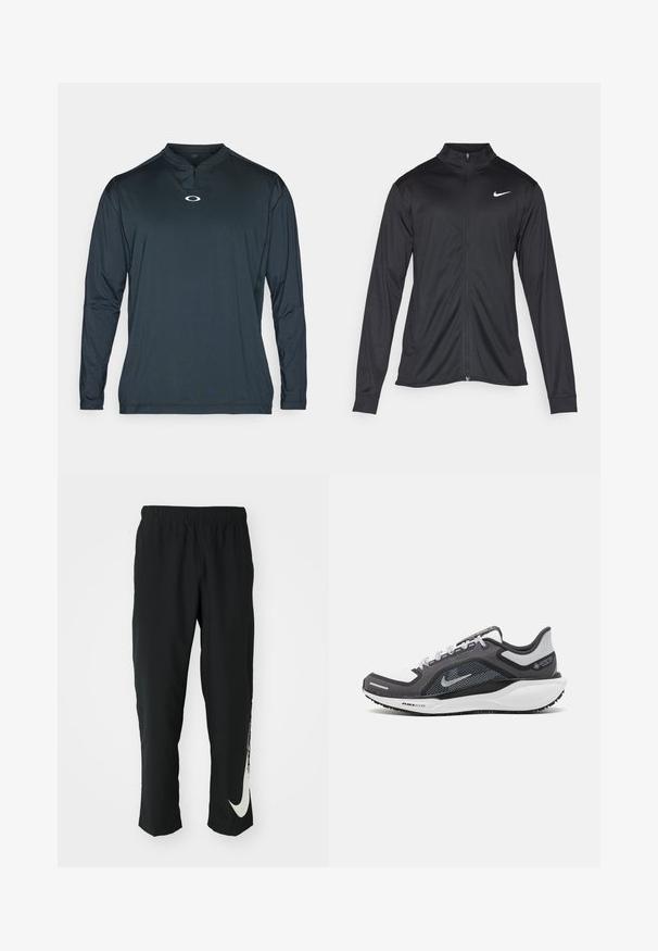Zwarte sportjack met lange mouwen, kraag en volle rits. Voorzien van een subtiele Nike-logo in het wit op de bovenste linkerborst. Soepele textuur.; Donkerblauwe sportshirt met lange mouwen en een halflange rits kraag, voorzien van een klein wit logo op de borst en gladde, lichte stof.; Zwarte sportbroeken met elastische tailleband, taps toelopend ontwerp, met een groot wit Nike-logo op het linkerbeen. Zachte, lichte stof.; Zwarte en grijze sportschoen met een bovenwerk van mesh, reflecterende accenten en een witte tussenzool. Beschikt over een gestructureerde rubberen zool en veters.