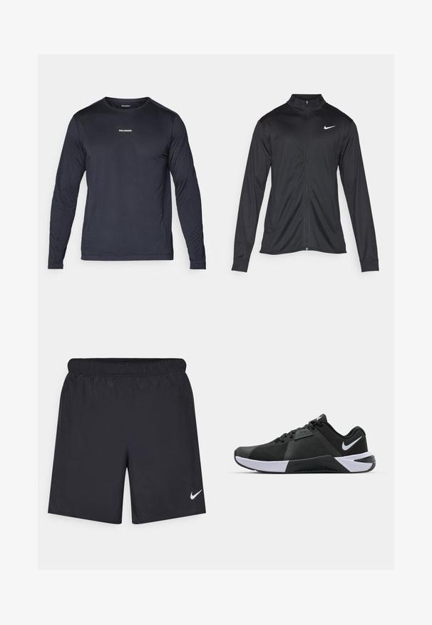 Czarna sportowa kurtka z długimi rękawami, kołnierzem i pełnym zamkiem. Posiada subtelne logo Nike w białym kolorze na lewej górnej części klatki piersiowej. Gładka tekstura.; Koszulka sportowa z długim rękawem w granatowym kolorze, wykonana z lekkiego, oddychającego materiału o teksturowanym wykończeniu, z małym białym logo na klatce piersiowej.; Czarne spodenki sportowe wykonane z lekkiego materiału, z elastycznym pasem. Posiadają małe białe logo Nike na dolnej lewej stronie.; Nike Performance METCON 10 czarny