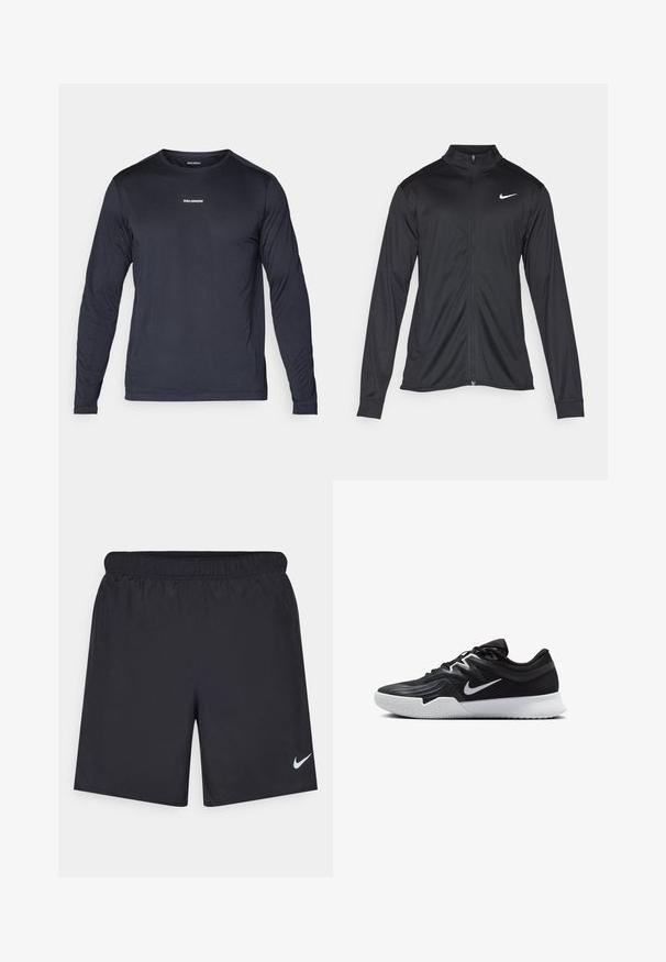 Black athletic jacket with long sleeves, collar, and full zipper. Features a subtle Nike logo in white on the upper left chest. Smooth texture.; Long-sleeve, navy blue athletic shirt made of lightweight, breathable fabric with a textured finish and a small white logo on the chest.; Black athletic shorts made of lightweight material with an elastic waistband. Features a small white Nike logo on the lower left side.; Black athletic shoe with a textured upper, white Nike swoosh, and a white rubber outsole. Features a lace-up design and dynamic shape.