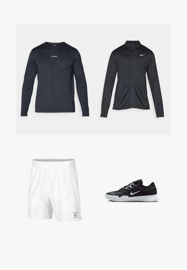 Black athletic jacket with long sleeves, collar, and full zipper. Features a subtle Nike logo in white on the upper left chest. Smooth texture.; Long-sleeve, navy blue athletic shirt made of lightweight, breathable fabric with a textured finish and a small white logo on the chest.; White athletic shorts made of lightweight fabric with an elastic waistband, featuring two side pockets and a small black logo on the hem.; Black athletic shoe with a textured upper, white Nike swoosh, and a white rubber outsole. Features a lace-up design and dynamic shape.