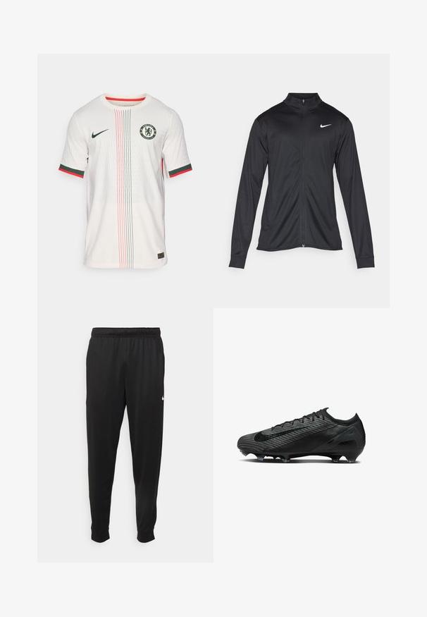 Veste de sport noire à manches longues, avec col et fermeture éclair intégrale. Présente un logo Nike subtil en blanc sur le côté supérieur gauche de la poitrine. Texture lisse.; Maillot de football blanc avec un motif texturé, ornée de rayures vertes et rouges, col rond, manches courtes et logo de Chelsea FC sur la poitrine.; Pantalon de sport noir en tissu lisse, avec une taille élastique, des jambes fuselées et un petit logo blanc sur le côté gauche.; Crampon de football noir avec une tige texturée, un design en maille, une forme épurée et six studs angulaires pour une traction sur la semelle.