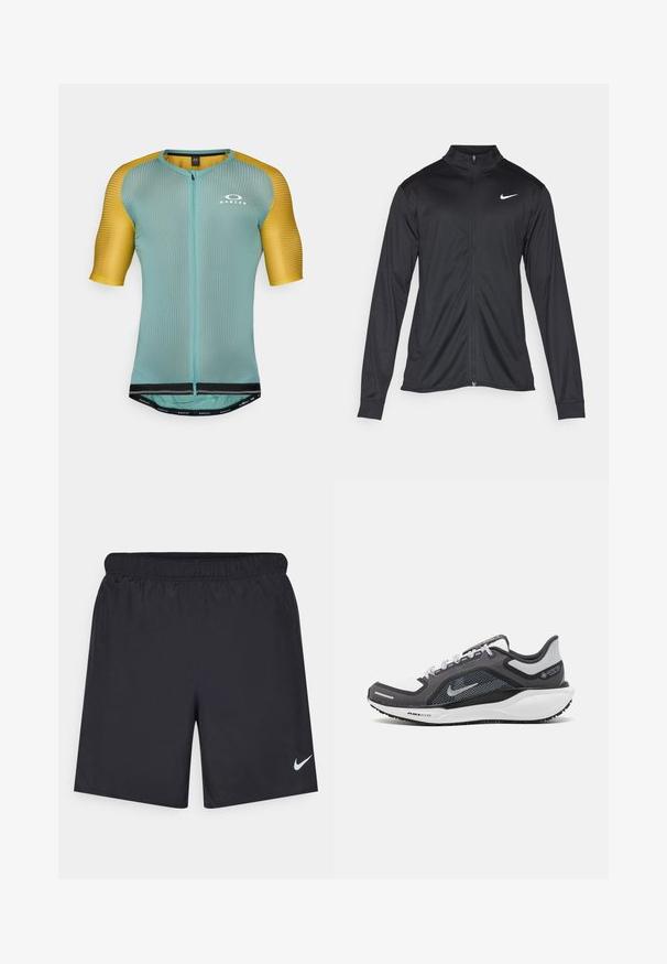 Giacca sportiva nera con maniche lunghe, colletto e zip completa. Presenta un logo Nike in bianco sulla parte superiore del lato sinistro del petto. Tessuto morbido.; Maglia da ciclismo a maniche corte con zip frontale completa, realizzata in tessuto leggero blu e giallo a trama, con orlo nero e logo bianco.; Shorts sportivi neri realizzati in materiale leggero con vita elastica. Presentano un piccolo logo Nike bianco sul lato sinistro in basso.; Scarpa da ginnastica nera e grigia con tomaia in rete, dettagli riflettenti e intersuola bianca. Presenta una suola in gomma testurizzata e lacci.