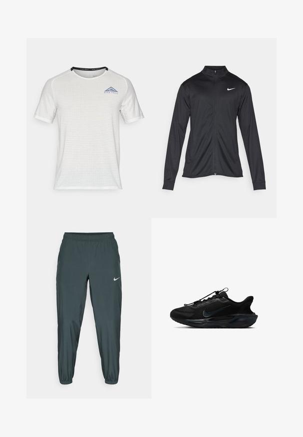 Melna sporta jaka ar garām piedurknēm, apkakli un pilnu rāvējslēdzēju. Uz kreisā krūts augšdaļas ir maigs Nike logo baltā krāsā. Gluda tekstūra.; Nike Performance SOLAR CHASE - Sporta krekli - summit white/black; Nike sporta bikses tumši zaļā krāsā, ar elastīgu jostasvietu, sašaurinātu kāju formu un delikātu atstarojošu logotipu sānos.; Melnas sporta kurpes ar teksturētu sietu augšdaļu, glātivām detaļām un izteiktu Nike logotipu. Aprīkotas ar mīkstu zoli un elastīgām auklām.
