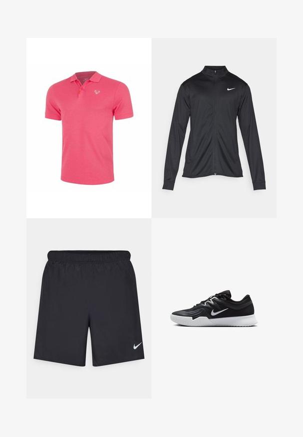 Juodas sportinis švarkas su ilgomis rankovėmis, apykakle ir pilnu užtrauktuku. Yra subtilus baltas Nike logotipas kairėje krūtinės pusėje. Lygus tekstūra.; Nike Performance THE POLO RAFA - Polo marškinėliai - aster pink white; Juodos sportinės šortai, pagaminti iš lengvos medžiagos, su elastingu juosmeniu. Ant apatinės kairės pusės yra mažas baltas Nike logotipas.; Juodos sportinės bateliai su tekstūruota viršutine dalimi, balta Nike swoosh ir balta gumine išorine dalimi. Yra su raištelių užsegimo dizainu ir dinamine forma.