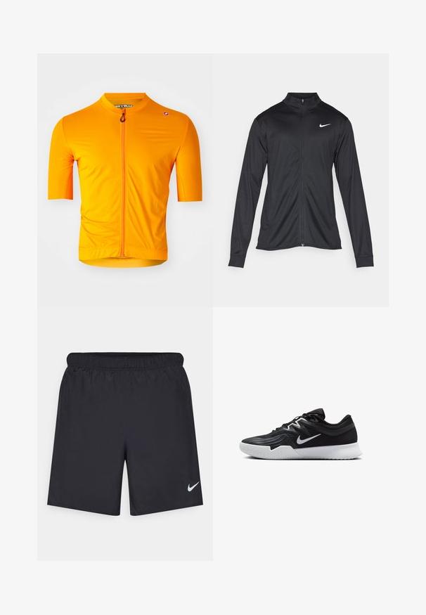 Jacket desportivo preto com mangas longas, colarinho e fecho zip completo. Apresenta um discreto logotipo da Nike em branco na parte superior do lado esquerdo do peito. Textura suave.; Jersey de ciclismo de manga curta em laranja brilhante, feito de um tecido leve com um fecho de correr frontal completo e um design ajustado. Detalhe de superfície texturizada.; Calças de desporto pretas feitas de material leve com uma cintura elástica. Apresenta um pequeno logótipo branco da Nike no canto inferior esquerdo.; Sapatilha atlética preta com um cabedal texturizado, swoosh branco da Nike e uma sola de borracha branca. Apresenta um design com atacadores e uma forma dinâmica.