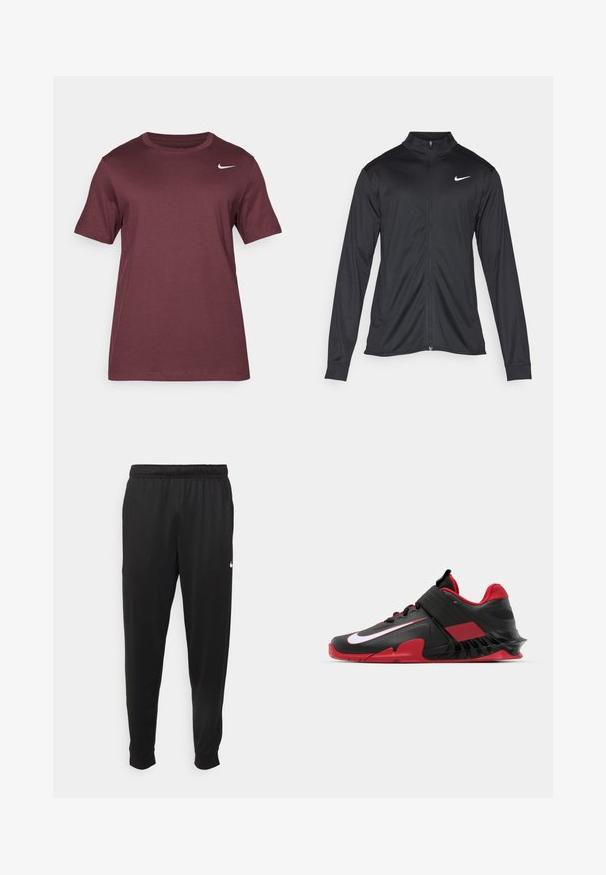 Musta urheilutakki pitkillä hihoilla, kauluksella ja kokonaisella vetoketjulla. Täydentää hienovarainen Nike-logo valkoisena vasemmassa ylärinnassa. Litteä pinta.; Nike Performance TEE CREW SOLID - Tekninen t-paita - burgundy crush; Mustat urheiluhousut, jotka on valmistettu sileästä kankaasta. Niissä on joustava vyötärö, kapenevat lahkeet ja pieni valkoinen logo vasemmalla puolella.; Mustat ja punaiset urheilukengät, joissa on tyylikäs muotoilu, teksturoitu verkkopäällinen, kestävä kumipohja ja näkyvä valkoinen logoväri.
