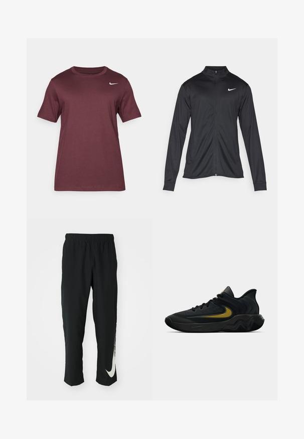 Svart idrettsjakke med lange ermer, krage og full glidelås. Har en subtil Nike-logo i hvitt på øvre venstre bryst. Glatt tekstur.; Nike Performance TEE CREW SOLID - T-skjorte til trening - burgundy crush; Svarte treningbukser med elastisk midje, smalere design, med en stor hvit Nike-logo på venstre bein. Myk, lett stoff.; Svart og mørkegrå idrettssko med svarte lisser og gull swoosh-logo, med en bølget såle design og polstret hælkollare.