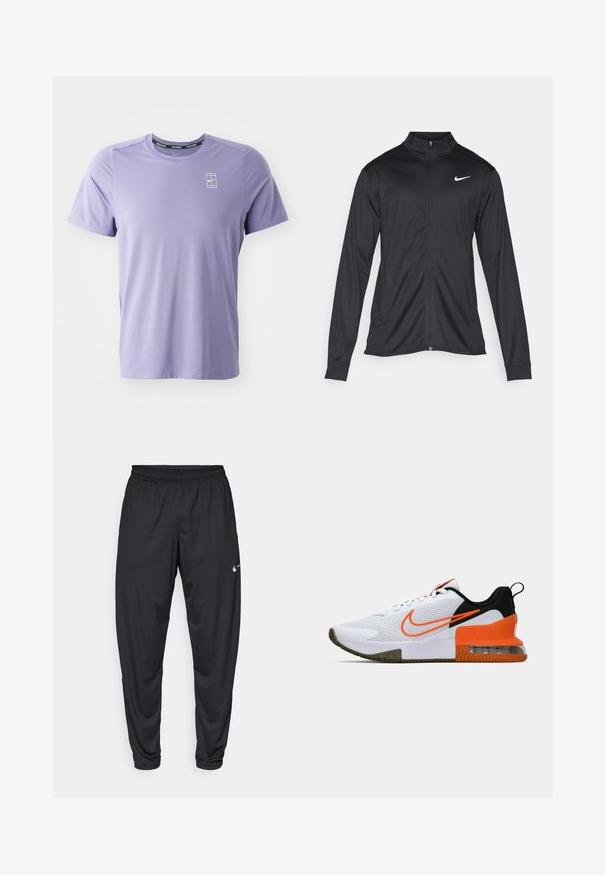 Must värvi sportlik jakk pikkade varrukatega, krae ja täispikk tõmblukk. Ülemises vasakus rinnas on diskreetne valge Nike logo. Sile tekstuur.; Heledast lillat värviga spordipait, mis on valmistatud hingavast kangast lühikeste varrukatega. Sellel on rindkerel väike valge logo ja ümar kaelus.; Mustad sportpüksid elastse vöökoha, kitsenevate jalgade ja väikese valge Nike logo'ga vasakul reitel. Sile kangas, ilma mustriteta.; Valge sportlik king, millel on tekstuuriga võrkkangas, mustad ja oranžid detailid, paks kummitald ja selge õhukambriga osa kanna juures.