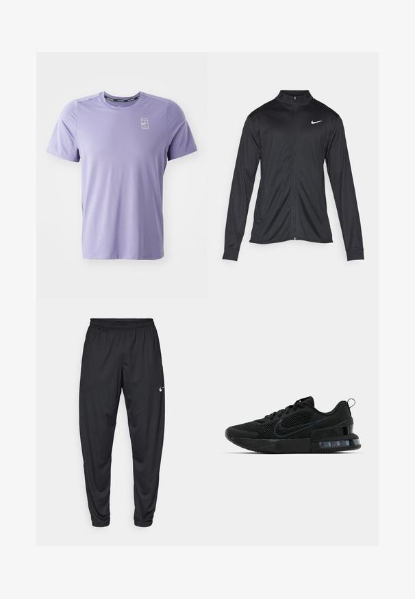 Jacket desportivo preto com mangas longas, colarinho e fecho zip completo. Apresenta um discreto logotipo da Nike em branco na parte superior do lado esquerdo do peito. Textura suave.; T-shirt atlético lilás claro feito de tecido respirável, com mangas curtas. Apresenta um pequeno logo branco no peito e um decote redondo.; Calças de atletismo pretas com um cós elástico, pernas afuniladas e um pequeno logo branco da Nike na coxa esquerda. Tecido liso, sem padrões.; Tênis esportivo Nike preto com parte superior em malha, sola de borracha, colarinho acolchoado e um distinto detalhe transparente no calcanhar.