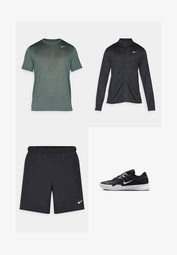 Jacket desportivo preto com mangas longas, colarinho e fecho zip completo. Apresenta um discreto logotipo da Nike em branco na parte superior do lado esquerdo do peito. Textura suave.; Nike Performance TEE RESET - T-shirt desportiva - vintage green/matte silver; Calças de desporto pretas feitas de material leve com uma cintura elástica. Apresenta um pequeno logótipo branco da Nike no canto inferior esquerdo.; Sapatilha atlética preta com um cabedal texturizado, swoosh branco da Nike e uma sola de borracha branca. Apresenta um design com atacadores e uma forma dinâmica.