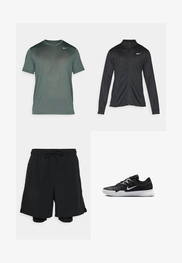 Crna sportska jakna s dugim rukavima, ovratnikom i punim patentnim zatvaračem. Ima suptilan Nike logo u bijeloj boji na gornjem lijevom dijelu prsne oznake. Glatka tekstura.; Nike Performance TEE RESET - Sportska majica - vintage green/matte silver; Crne sportske kratke hlače napravljene od lagane tkanine, s elastičnom waistline i vezicom, te prilagođenim unutarnjim hlačama.; Crna sportska cipela s teksturiranim gornjim dijelom, bijelim Nike swooshom i bijelim gumennim potplatom. Ima dizajn s vezanjem i dinamičan oblik.
