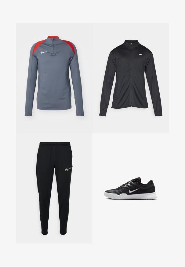 Musta urheilutakki pitkillä hihoilla, kauluksella ja kokonaisella vetoketjulla. Täydentää hienovarainen Nike-logo valkoisena vasemmassa ylärinnassa. Litteä pinta.; Nike Performance STRIKE DRILL TOP - Pitkähihainen paita - iron grey/dragon red/white; Mustat urheiluhousut, joissa on elastinen vyötärönauha, kapea malli ja valkoinen Nike-logo vasemmalla puolella. Pehmeä kangas, jolla on sileä pinta.; Musta urheilukenkä, jossa on teksturoitu päällinen, valkoinen Nike-tikkaus ja valkoinen kumipohja. Kenkässä on nauhakuji ja dynaaminen muoto.