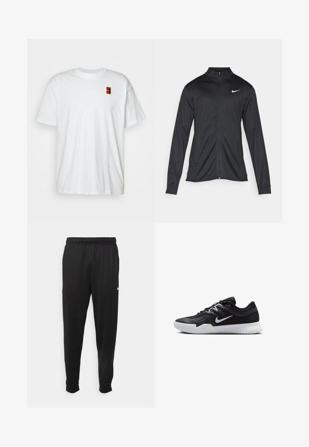Čierna športová bunda s dlhými rukávmi, golierom a plným zipsom. Obsahuje nenápadné logo Nike v bielej farbe na hornej ľavej hrudi. Hladká textúra.; Biely bavlnený tričko s kulatým výstrihom a krátkymi rukávmi. Na vrchnej ľavej strane hrude sa nachádza malý farebný dizajn loga.; Čierne športové nohavice z hladkej tkaniny, s elastickým pásom, zužujúcimi sa nohavicami a malým bielym logom na ľavej strane.; Čierna športová topánka s textúrovaným zvrškom, bielym logom Nike a bielou gumovou podrážkou. Má šnurovací dizajn a dynamický tvar.
