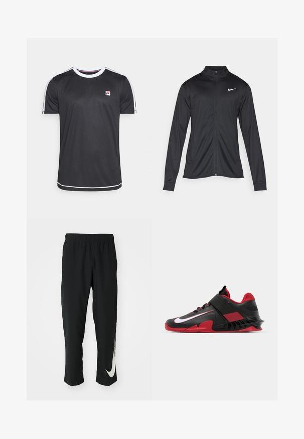 Must värvi sportlik jakk pikkade varrukatega, krae ja täispikk tõmblukk. Ülemises vasakus rinnas on diskreetne valge Nike logo. Sile tekstuur.; Fila ELIAS - Spordi T-särk - black/white; Mustad mustad sportlikud püksid elastse vöökohtadega, kitseneva disainiga, millel on vasakul jalal suur valge Nike logo. Pehme, kerge kangas.; Mustvalged mustade ja punaste spordijalatsite libe disain, tekstureeritud võrgust pealisosa, tugev kummist tall ja silmapaistev valge logo aktsent.