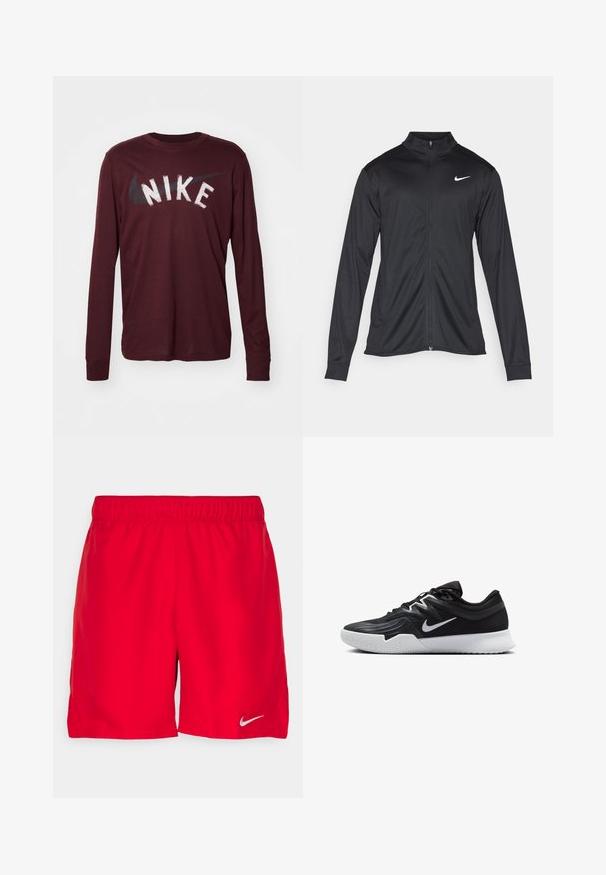 Fekete sportdzseki hosszú ujjal, gallérral és teljes cipzárral. Diszkrét fehér Nike logóval az upper bal mellen. Sima textúra.; Nike Performance TEE - Hosszú ujjú felső - burgundy crush; Vörös sportnadrág elasztikus derékrésszel, könnyű anyagból készült. Az alsó bal oldalon egy kis ezüst Nike logó található.; Fekete sportcipő texturált felsőrésszel, fehér Nike logóval és fehér gumitalppal. Fűzős kialakítással és dinamikus formával rendelkezik.